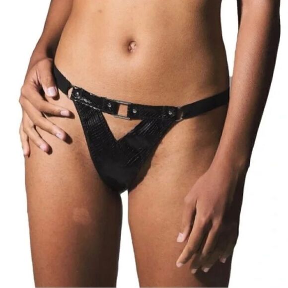 NWT Thistle & Spire chamber faux leather buckle logo thong bondage lingerie - Picture 1 of 6